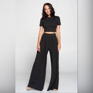 Women's Crop Top & Wide Leg Palazzo Pants Set in Black